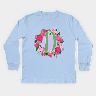 Monogram D, Personalized Floral Initial Kids Long Sleeve T-Shirt